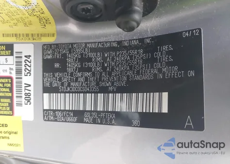 2012 Toyota Sienna Le 7 Passenger из США, поврежденный, VIN 5TDJK3DC0CS043355